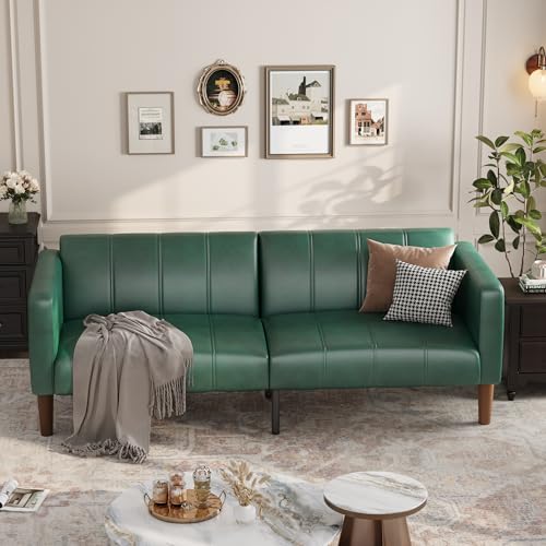 GarveeHome Futon Sofa Bed, 75-Inch Modern Faux Leather Convertible Couch, Mid-Century Loveseat for Small Space, Living Room, Bedroom, Green GarveeHome