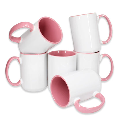 SDN Custom 15 oz AAA Coated White Sublimation Ceramic Mug with Inner Color and Pink Handle - Blank Ceramic Coffee Cups Set for Printing and DIY Gifts – Oven and Mug Press Compatible (6 Pack)