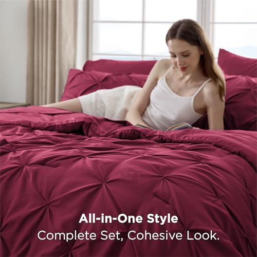 Bedsure California King Comforter Set Dark Red - Bed in a Bag Cal King Bedding Set 7 PCS, GentleSoft™ Pintuck Bed Set Gift for Family, Pinch Pleat Dark Red Comforter with Sheets, Pillowcases & Shams Bedsure