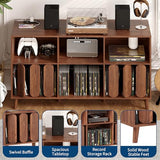 55 in Large Record Player Stand with Charging Station - Vinyl Record Storage Cabinet with 2 USB Ports, Open Shelves & Turntable Holder, Mid-Century Modern Wood TV Media Console for Living Room Garvee