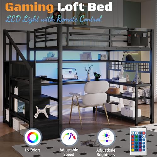 MoproBeti Full Size Loft Bed with Stairs and Desk,Metal Gaming LoftBed with LED Lights,Charging Station, High Loft Beds Frame Full with Storage Shelves,Wardrobe for Teens, Adults, Black MoproBeti
