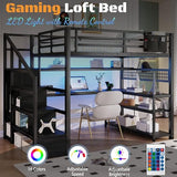 MoproBeti Full Size Loft Bed with Stairs and Desk,Metal Gaming LoftBed with LED Lights,Charging Station, High Loft Beds Frame Full with Storage Shelves,Wardrobe for Teens, Adults, Black MoproBeti