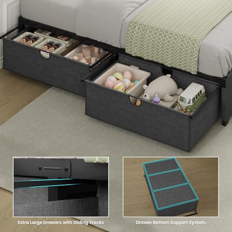 BTHFST Twin Size Bed Frame with 2 Large Storage Drawers, Metal Platform Twin Bed for Kids, Heavy Duty Steel Slats, No Box Spring Needed, Easy Assembly, Dark Grey & Black BTHFST
