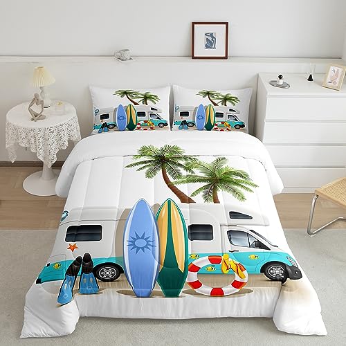 Erosebridal Ocean Beach Down Comforter Full Size, Cartoon Surfboard Bus Bedding Set, Palm Trees Comforter Set for Kids Boys Girls Teens, Tropical Coastal Summer Holiday Duvet Insert Bedroom Decor Erosebridal