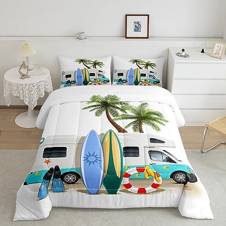 Erosebridal Ocean Beach Down Comforter Full Size, Cartoon Surfboard Bus Bedding Set, Palm Trees Comforter Set for Kids Boys Girls Teens, Tropical Coastal Summer Holiday Duvet Insert Bedroom Decor Erosebridal