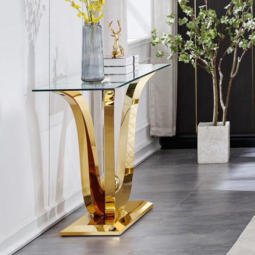 Henf Luxury Gold Glass Console Table Modern 47" Rectangular Slim Entryway Table with Mirror Finish Stainless Steel Base and Clear Glass Top for Living Room Hallway Corridor Entrance Table (Gold) Henf