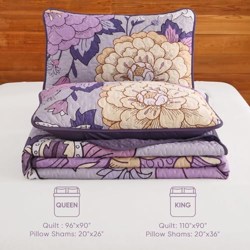 DJY Floral Quilt Set King Size Purple Boho Bedspread Coverlet Set, 3 Piece Microfiber Bohemian Botanical Farmhouse Floral Quilt Bedding Set with 2 Pillowcases for All Season (110''x90'') DJY