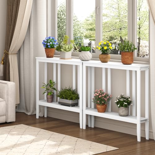 ELYKEN Bamboo Console Tables for Entryway, 36.2" Long 2 Tier Hallway Table Behind Couch, 7” Narrow Sofa Table for Entrance, Entry, Living Room, White ELYKEN