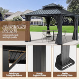 Raysfung 10 X 10ft Hardtop Gazebo, Galvanized Steel Double Roof Gazebo with Nettings and Curtain Outdoor Aluminum Frame Vertical Stripes Roof Permanent for Patio, Backyard, Lawns Raysfung