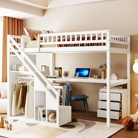 Merax Twin Size Wood Loft Bed with Desk, Stairs & Storage, Space Saving Bed with Lights, 2 Drawers, Guardrails, 220LBS Capacity, White Merax