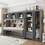 MERITLINE Twin Horizontal Murphy Bed with Desk and Storage Wardrobe,Cabinets,Shelves and Drawers, Wood Space-Saving Hidden Murphy Wall Bed for Teens Adults (Twin,Grey) MERITLINE