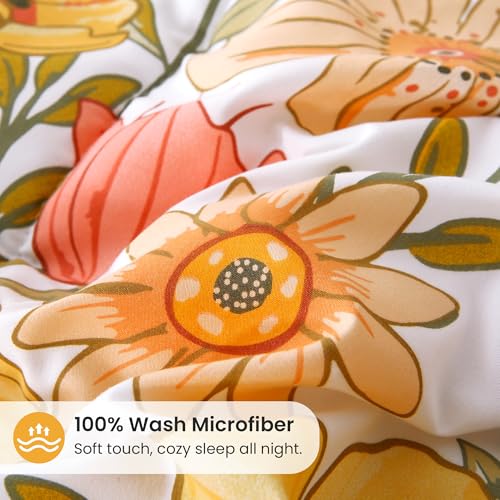 Mooreeke Floral Duvet Cover Twin Size, 2 Piece Pink & Yellow Flower Patterned Duvet Cover Set with Zipper Closure, Soft & Breathable Microfiber Bedding Set with 4 Corner Ties and 1 Pillow Sham Mooreeke