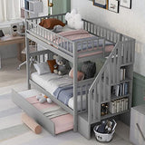 Harper & Bright Designs Bunk Beds Twin Over Twin Size, Solid Wood Bunk Beds with Trundle and Stairs for Kids,Toddler,Teens,Adults (Grey, Bunk Bed with Trundle) Harper & Bright Designs
