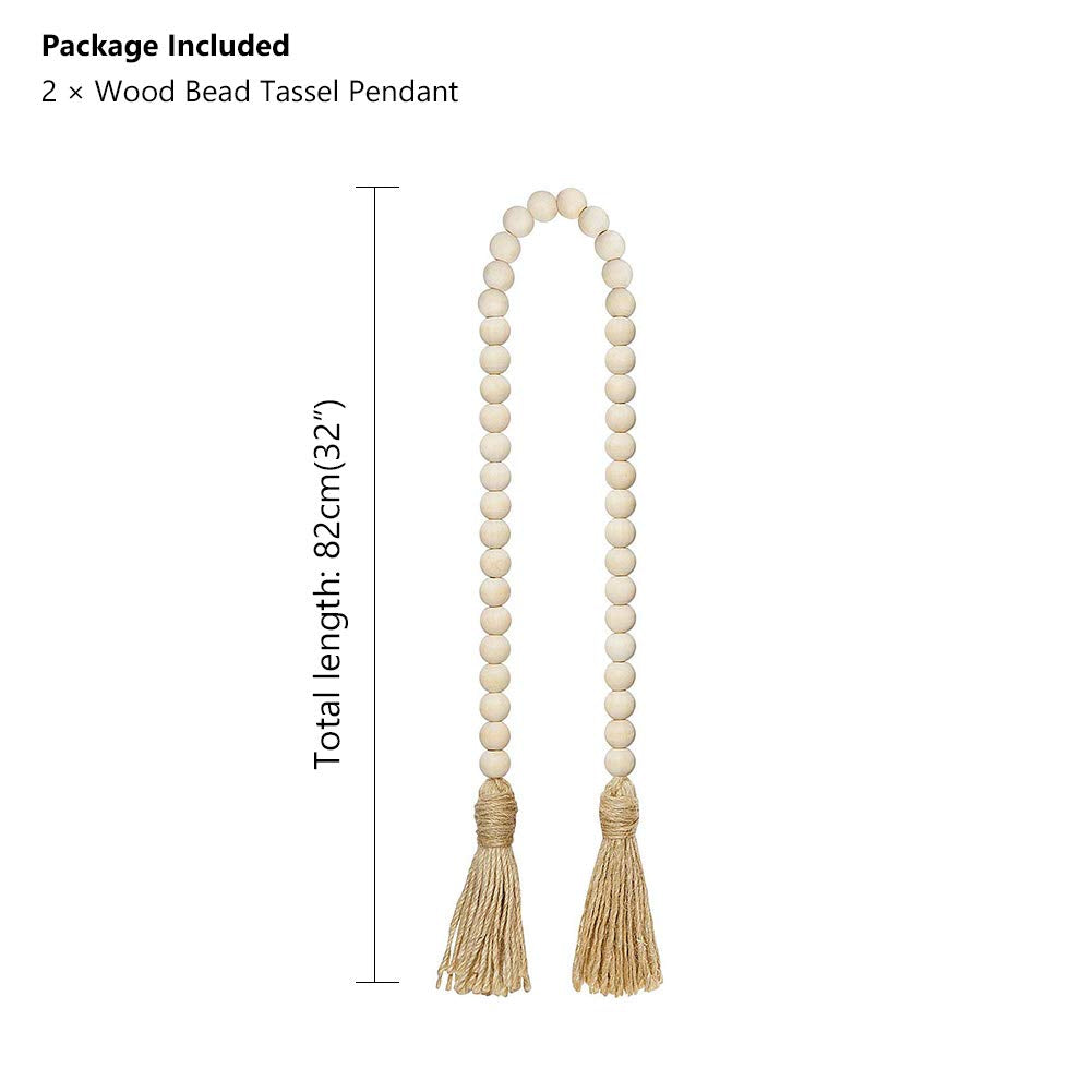 LJY&V Wood Bead Garland with Jute Tassels, 32 inches Farmhouse Beads Tassels for Home Curtain Wall Hanging Rustic Country, Natural Cute Wooden Bead Tassels Prayer (2Pcs), Beige LJY