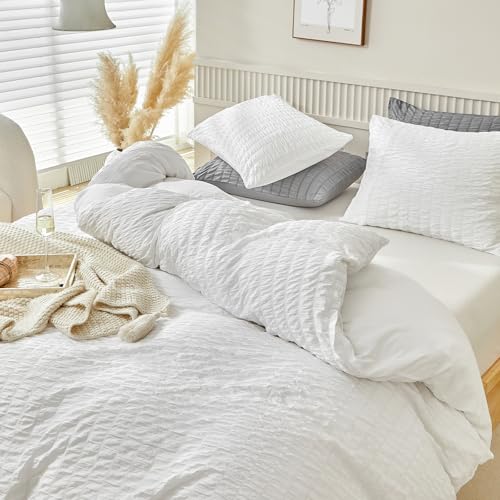 WARMDERN Duvet Cover Set Queen Size, 3pcs Washed Microfiber White Bedding Set, Soft Breathable Striped Textured Seersucker Duvet Cover with Zipper Closure & Corner Ties(White, Queen) WARMDERN