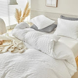 WARMDERN Duvet Cover Set Queen Size, 3pcs Washed Microfiber White Bedding Set, Soft Breathable Striped Textured Seersucker Duvet Cover with Zipper Closure & Corner Ties(White, Queen) WARMDERN