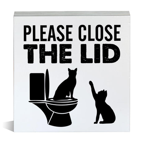 Farmhouse Please Close the Lid Wooden Box Sign Cat Bathroom Wood Block Tabletop Sign Decorative Desk Sign Home Toilet Shelf Decor 5 X 5 Inches Mukjyuyi