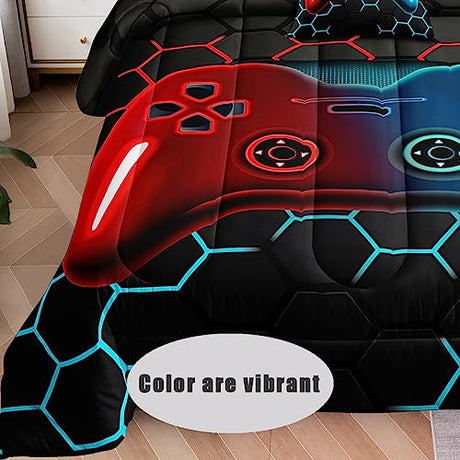 5 Pieces Bed in a Bag for Boys Bedding Sets Twin Size,Gamer Comforter Sets for Boys Kids, Gaming Comforter Set for Teens Room Decor with Flat Sheet,Fitted Sheet,Pillowcase,Cushion Cover lris Bedding