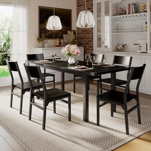 iPormis 7-Piece Dining Table & Chairs Set for 4-6, 63" Extendable Kitchen Table with 6 Chairs, Dining Room Table with Metal Frame & MDF Board, Perfect for Small Space, Easy Assembly, Black iPormis