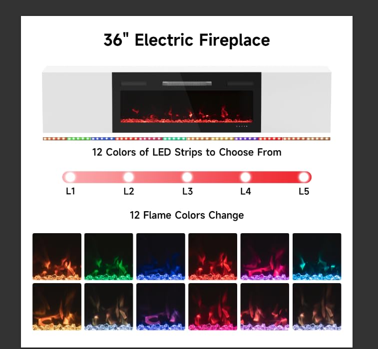 DOVELF 70" Floating TV Stand with 36" Electric Fireplace & LED Lights, Wall Mounted High Gloss Finish Entertainment Center with Storage Cabinets for TVs Up to 80" White DOVELF