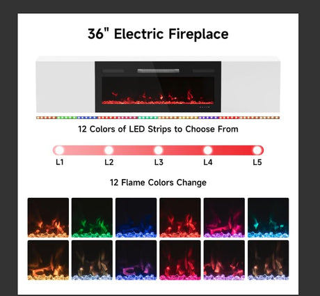 DOVELF 70" Floating TV Stand with 36" Electric Fireplace & LED Lights, Wall Mounted High Gloss Finish Entertainment Center with Storage Cabinets for TVs Up to 80" White DOVELF