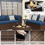 VONZOY 8 Pieces Outdoor Patio Furniture Set with 44" Fire Pit Table Rattan Sectional Conversation Sets w/Gas Fire Pit, Coffee Table, 2 Waterproof Covers, Navy Blue VONZOY