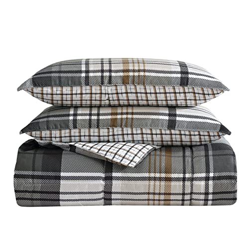 Eddie Bauer - Twin Comforter Set, Reversible Plaid Bedding with Matching Sham, Oeko-Tex Certified, Dorm Essentials (Normandy Grey) Eddie Bauer