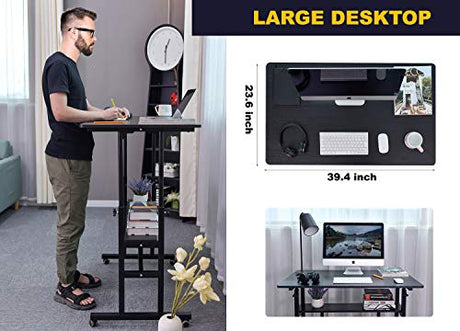 AIZ Mobile Standing Desk, Adjustable Computer Desk Rolling Laptop Cart on Wheels Home Office Computer Workstation, Portable Laptop Stand Tall Table for Standing or Sitting, Black, 39.4" x 23.6" AIZ