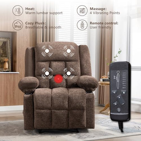 EBELLO Manual Recliner Chair for Adults with Vibration Massage and Lumbar Heating, Soft Fabric Recliner Single Sofa for Living Room with Side Pocket and Two Cup Holders, Brown EBELLO