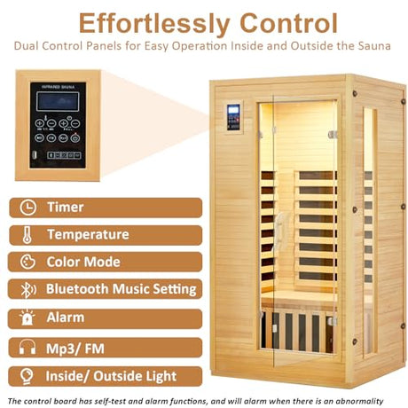2024 Upgrade 1 to 2 Person Infrared Sauna, Low EMF Infrared Sauna for Home, Indoor Sauna Room, Hemlock Wooden Far Infrared Sauna, Dry Sauna with Bluetooth Speakers, LED Reading and Chromotherapy Lamp PioneerWorks