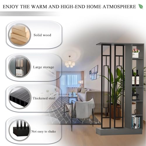 Wall Room Divider - Freestanding Wood Room Divider with Shelves, Wall Divider with Storage Cabinet, Easy Assembly Freestanding Decor for Bedroom, Office (Grey+Black, 31.5IN) Horseo