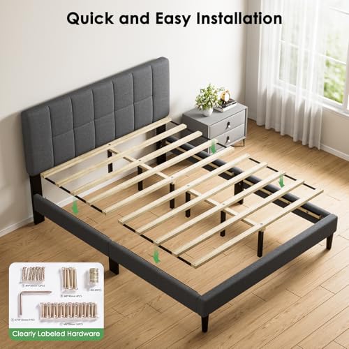 Marsail Full Size Bed Frame with Headboard, Sturdy and Durable with 12 Support Legs, 1300 lbs Capacity, Solid Wooden Upholstered Adjustable Headboard for 6"-12" Mattresses, Easy Assembly,Dark Gray Marsail