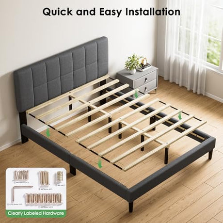 Marsail Full Size Bed Frame with Headboard, Sturdy and Durable with 12 Support Legs, 1300 lbs Capacity, Solid Wooden Upholstered Adjustable Headboard for 6"-12" Mattresses, Easy Assembly,Dark Gray Marsail