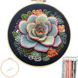 FONNUY Succulents Embroidery Kit for Beginners, Stamped Embroidery Patterns Kits for Adults with Hoop, Easy to Follow Color Thread Needlework, 8'' Hoop (Chubby Leaves)