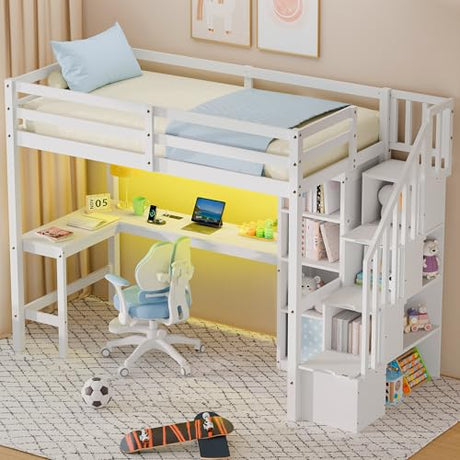Xilingol Twin Loft Bed with Stairs and Desk, Solid Wooden Loft Bed, Heavy Duty Loft Bed with L-Shape Desk, LED Light Strips, Charging Station, Storage Cabinets, Extra-High Guardrails for Kids, Teens Xilingol