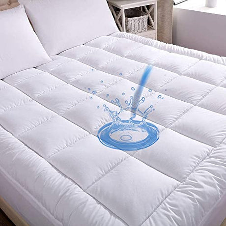WhatsBedding Cotton Waterproof Mattress Pad Queen Size Top Down Alternative Filling Pillowtop Mattress Topper Cover-Fitted Quilted (Mattress Pad Queen) WhatsBedding