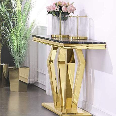 ACEDCOR Modern Console Table, Rectangular Living Room Entryway Table with Mirrored Geometric Base, Black Gold ACEDÉCOR