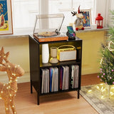Giantex Record Player Stand with LED Lights & Charging Station, Turntable Stand with Record Holder, Record Player Table with Metal Legs, Vinyl Record Storage for Living Room, Music Room, Black Giantex