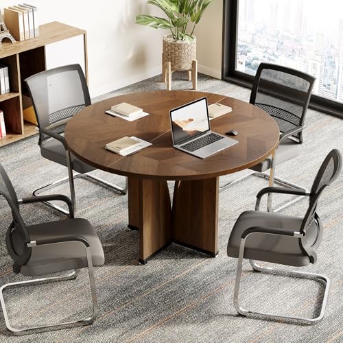 LITTLE TREE 39-Inch Small Conference Table for 4, Round Meeting Table with X-Shape Pedestal, for Office, Conference Room, Small Spaces, Dark Brown LITTLE TREE