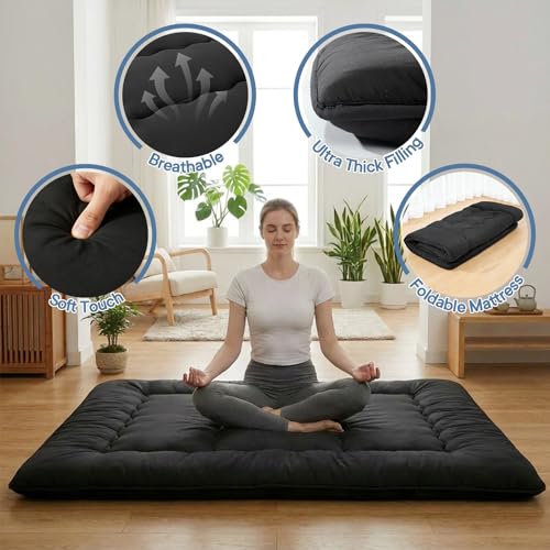 DUMOS Japanese Floor Mattress Twin Size 4-Inch, Futon Mattress Foldable with Removable Washable Cover, Portable Roll Up Tatami Mat for Kids Room, Dorm, Sleepovers and Solo Sleeper, Black DUMOS
