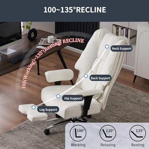 EXCEBET Big and Tall Office Chair 400lbs Wide Seat, Leather High Back Executive Office Chairs with Foot Rest, Ergonomic Lumbar Support for Lower Back Pain Relief (White) EXCEBET