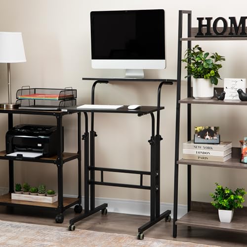 Mind Reader Standing Desk, Adjustable Height Laptop Workstation, Portable Rolling Desk on Wheels, Two-Tier Metal Frame, Black Mind Reader