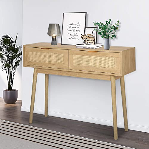 LAZZO 39" Console Table, Oak Grain Sofa Table with Wood Frame, Rustic Hallway Table with 2 Bamboo Weaving Storage Drawers for Foyer Living Room Entryway LAZZO