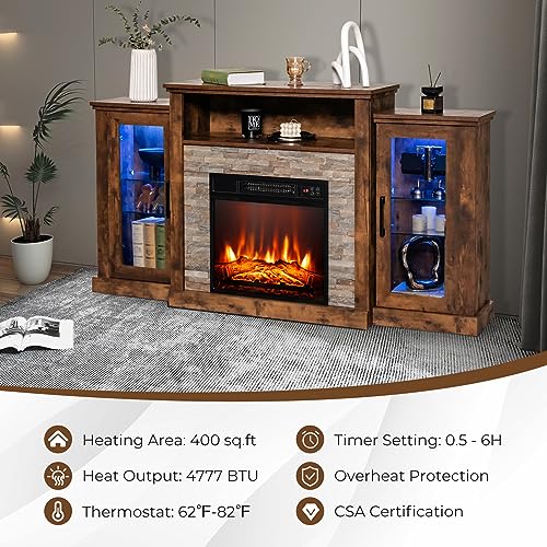 COSTWAY Electric Fireplace TV Stand for TVs Up to 65 Inches, 18-inch Fireplace Insert with APP Control, Remote Control, 16 Color Lights, Wooden Entertainment Center with Adjustable Shelves, Brown