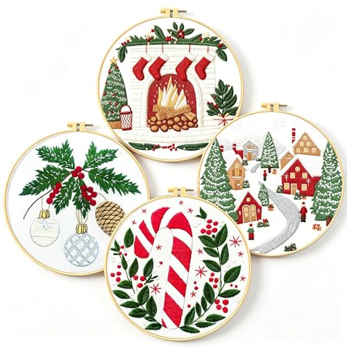 Zhenqing Christmas Embroidery Kit for Beginners - 4 Piece 29x29cm Round Designs with Embroidery Hoop, Threads & Tools (Snowy Cabin, Fireplace, Candy Cane, Holly)(C0066)