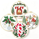 Zhenqing Christmas Embroidery Kit for Beginners - 4 Piece 29x29cm Round Designs with Embroidery Hoop, Threads & Tools (Snowy Cabin, Fireplace, Candy Cane, Holly)(C0066)
