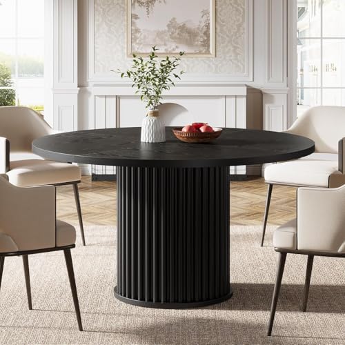 Tribesigns 47.24-Inch Black Round Dining Table for 4-6 People, Modern Fluted MDF + Metal Base Kitchen Table, Sturdy Circle Dining Room Furniture, Black Tribesigns