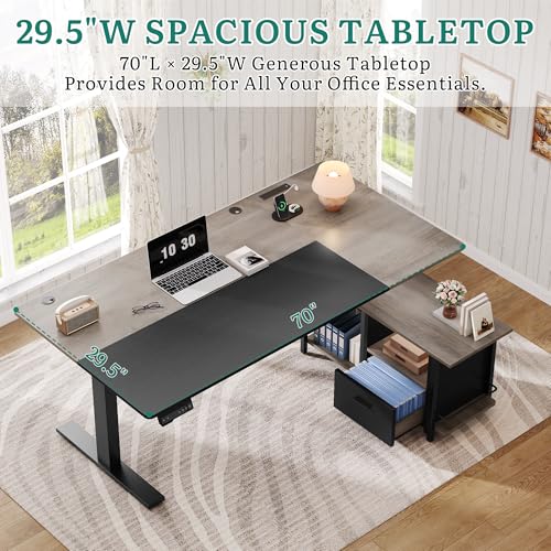 YITAHOME L Shaped Standing Desk with Power Outlets, 70.1" Electric Standing Desk Adjustable Height Sit Stand Corner Standing Desks Executive Desk with Drawers & Shelves, Grey + Black YITAHOME