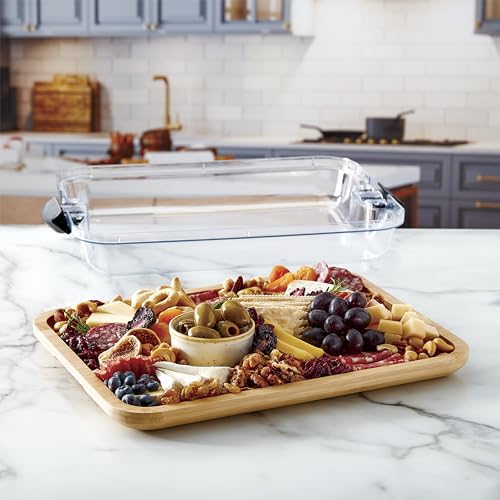 FARBERWARE Build-A-Board Bamboo Cutting Board with Clear Locking Lid and Black Handles, Perfect for Charcuterie, Snacks, and More - Make it. Take it. Enjoy it, 11x14 Inch, Single Compartment - WoodArtSupply