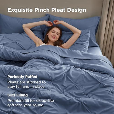 Bedsure Queen Comforter Set Slate Blue - Bed in a Bag Queen Size Bedding 7 Pieces, GentleSoft™ Pintuck Bed Set Gift for Family, Pinch Pleat All Season Comforter with Sheets, Pillowcases & Shams Bedsure